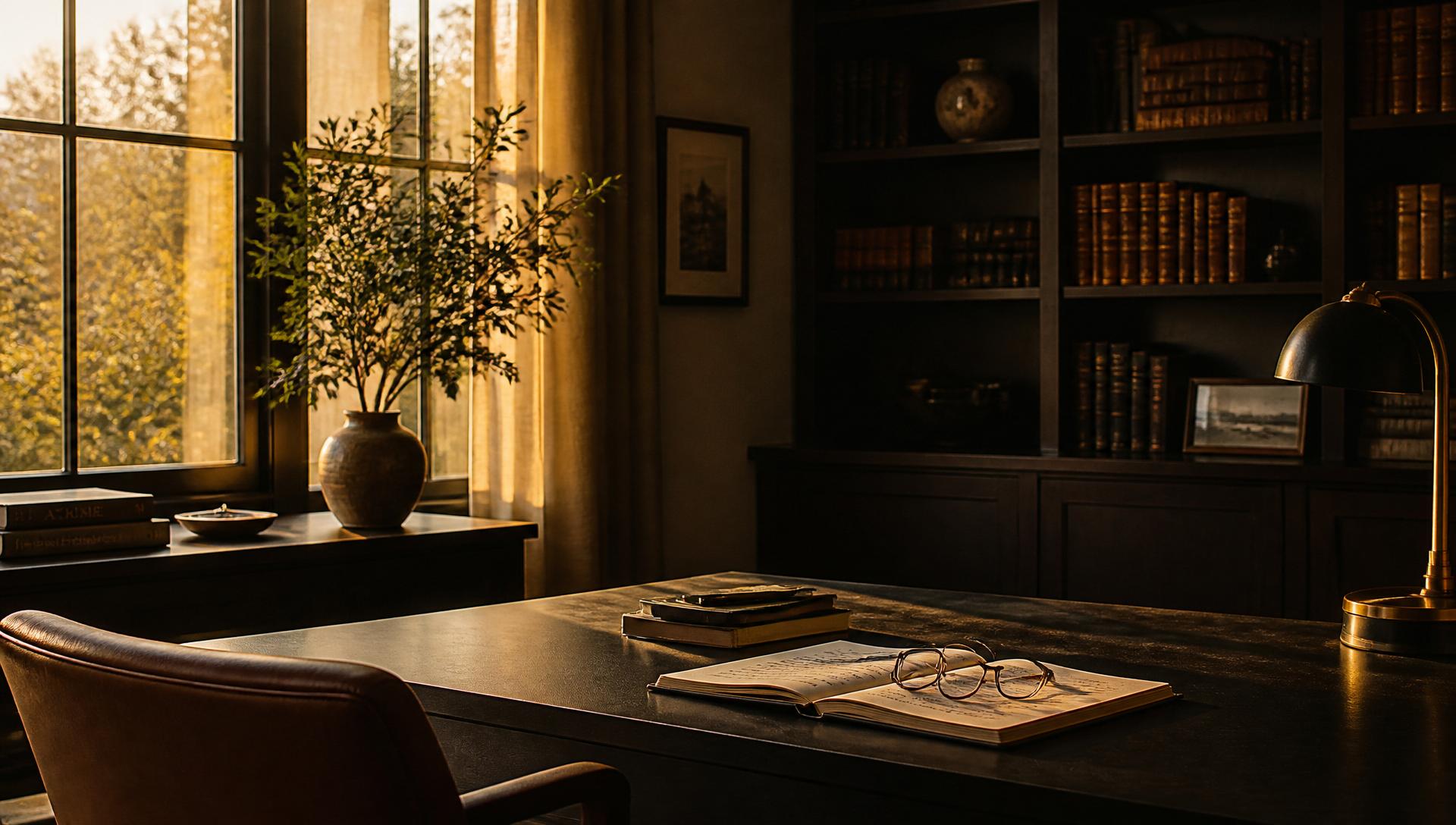 A warm, quiet study lined with books and late afternoon light